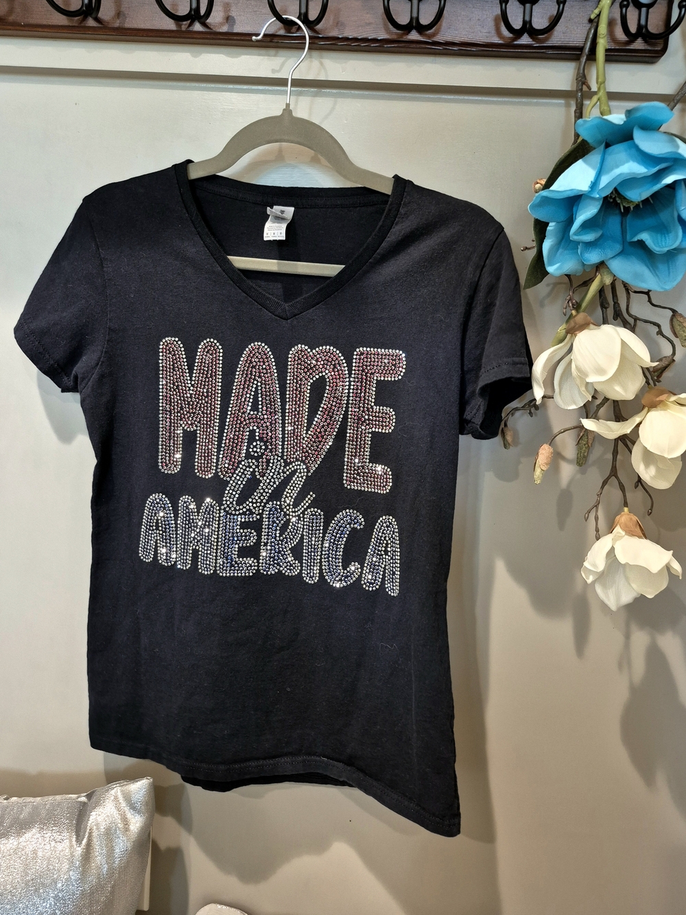 Rhinestone "Made in America" Black V-Neck Tee